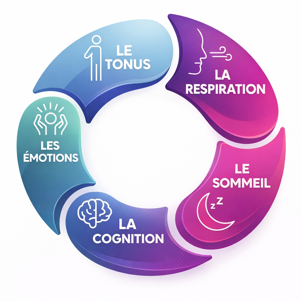 Schéma des 5 piliers de l'autorégulation en neurothérapie — tonus, respiration, sommeil, émotions, cognition — cabinet Yannick Fieux, Lons-le-Saunier (Jura)